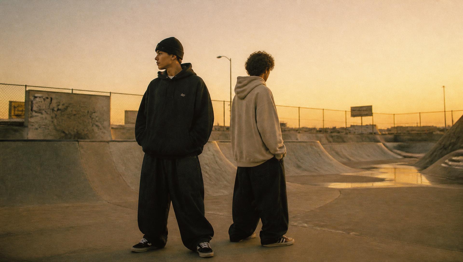 Deux personnes en streetwear MV3D dans un skatepark au coucher du soleil